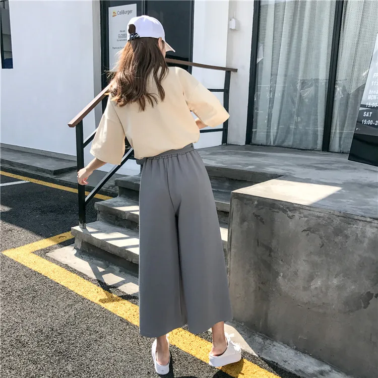 Plus Size - Casual Elastic Waist Loose Wide Leg Pants Preppy Style Trousers Female Palazzo Pants (Us 18W-20W)