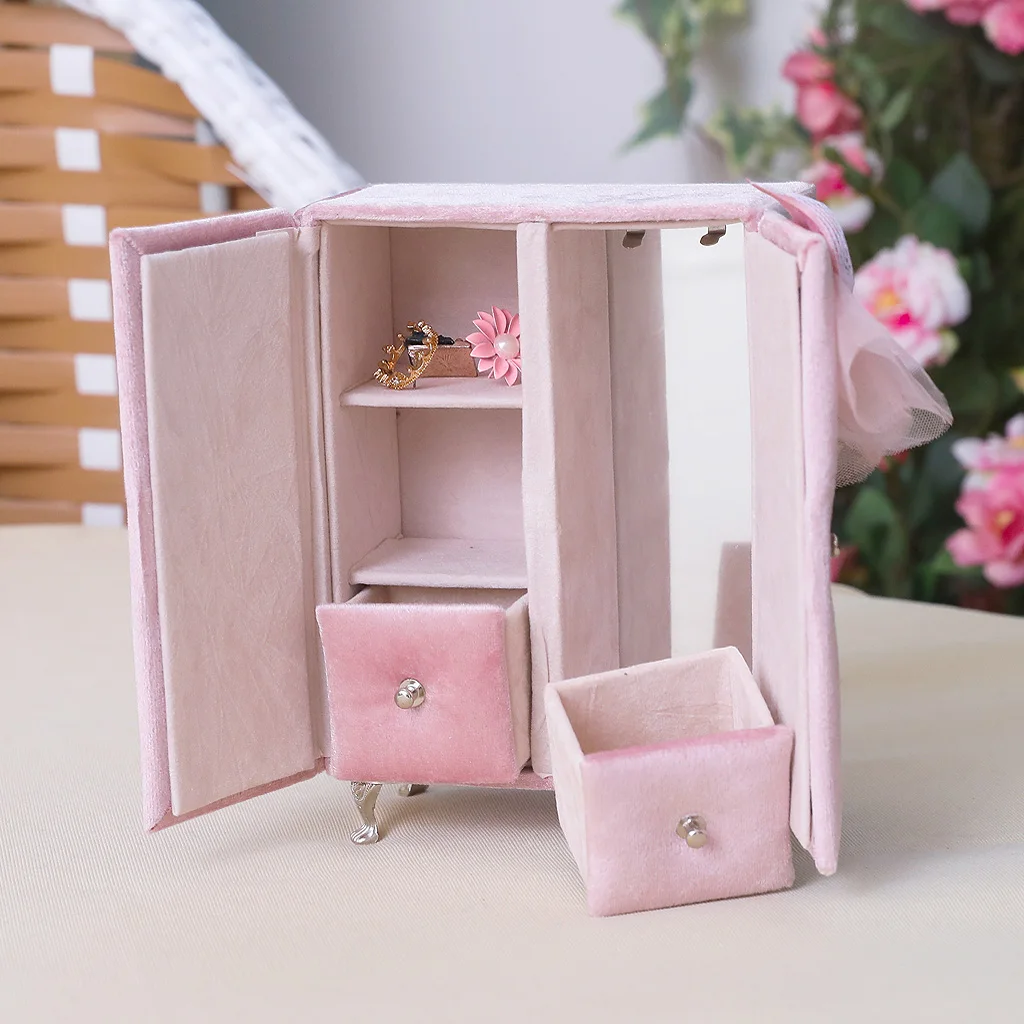 Multifunctional Pink Closet Shape Jewelry Box Bracelet Ring Display Organizer Holder with Built-in Makeup Mirror for Earring Multifunctional Pink Closet Shape Jewelry Box Bracelet Ring Display Organizer Holder with Built-in Makeup Mirror for Earring