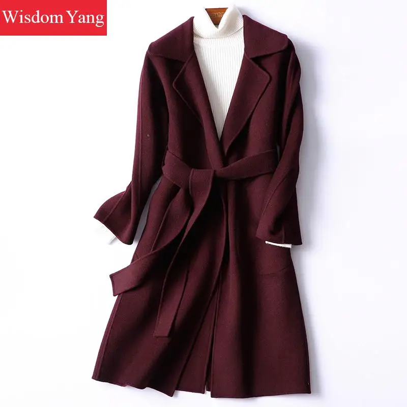 Elegant Winter Coat Red Wine Long Sheep Wool Korean Coats Casual Women Female Covered Belt Woolen Overcoat Slim Ladies Outerwear
Elegant Winter Coat Red Wine Long Sheep Wool Korean Coats Casual Women Female Covered Belt Woolen Overcoat Slim Ladies Outerwear
