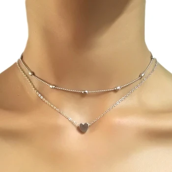 

LWONG Simple Gold Silver Color Layered Chain Choker Necklace for Women Dainty Beaded Chain Tiny Heart Necklaces Chokers Jewelry