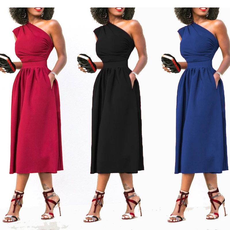 Women Dress Off One Shoulder High Waist A Line Pleated Classy Dresses with Pockets Elegant Black Red Solid Robes 2019 New Tunics
Women Dress Off One Shoulder High Waist A Line Pleated Classy Dresses with Pockets Elegant Black Red Solid Robes 2019 New Tunics