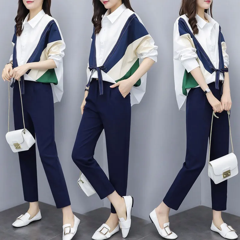 Spring Autumn Two Piece Set Women Casual Stitching Contrast Color Blouses Tops Blue Pants 2019 Fashion Tracksuit Woman Suit W470
Spring Autumn Two Piece Set Women Casual Stitching Contrast Color Blouses Tops Blue Pants 2019 Fashion Tracksuit Woman Suit W470