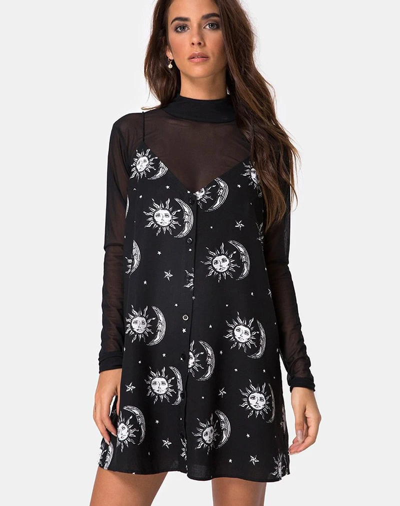 Aesthetic Vintage Moon And Sun Black Mesh Dress Print OG0662