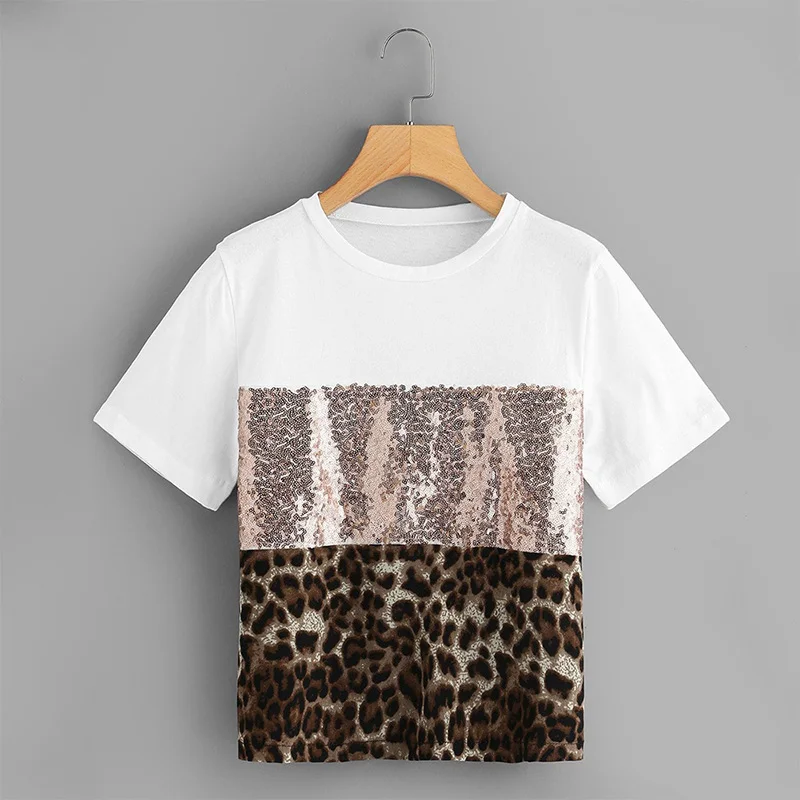 Women Sequin Leopard Snake Stitching T Shirt Short Sleeve Round Neck Black White Women's T-shirts 2019 Summer Female Tee Tops
Women Sequin Leopard Snake Stitching T Shirt Short Sleeve Round Neck Black White Women's T-shirts 2019 Summer Female Tee Tops