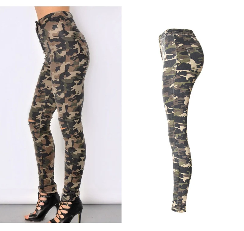 2017 New Brand Women Fitness Cloth Camouflage High Waist Elastic Stretch Holes Jeans Pencil Pants Street Style Denim Trousers (3)