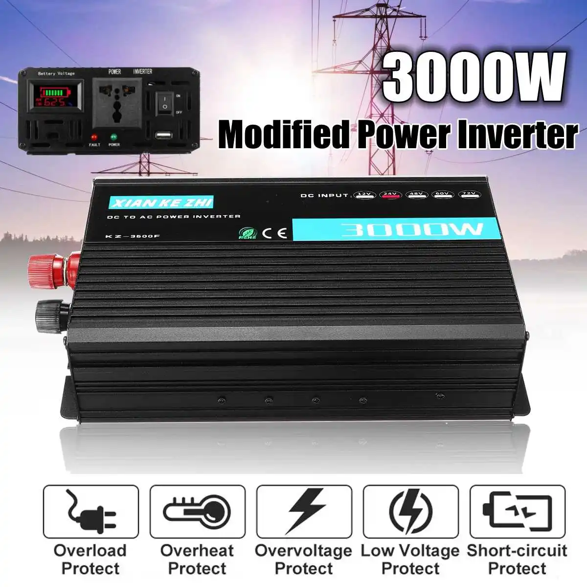 3000W Intelligent Modified sine wave Power Inverter 12/24/48/60/72V TO 220V LED Display Power Converter
3000W Intelligent Modified sine wave Power Inverter 12/24/48/60/72V TO 220V LED Display Power Converter