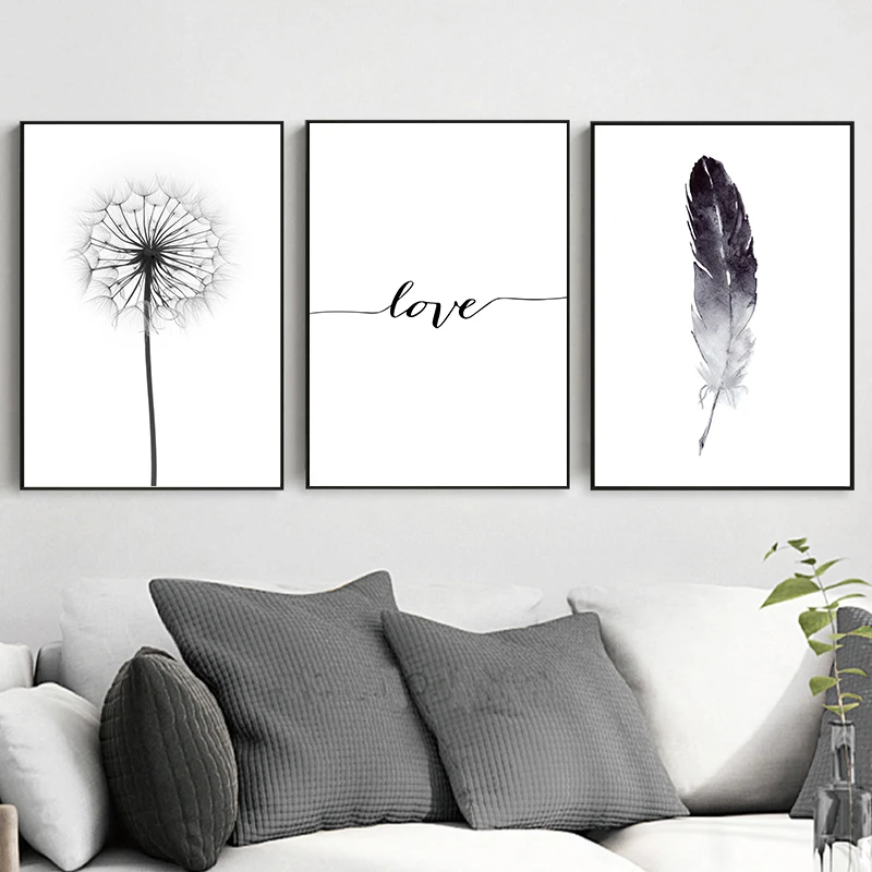 Black-and-White-Dandelion-Feathers-Poster-and-Print-Letter-Love-Wall-Art-Canvas-Painting-Home-Picture (3)
