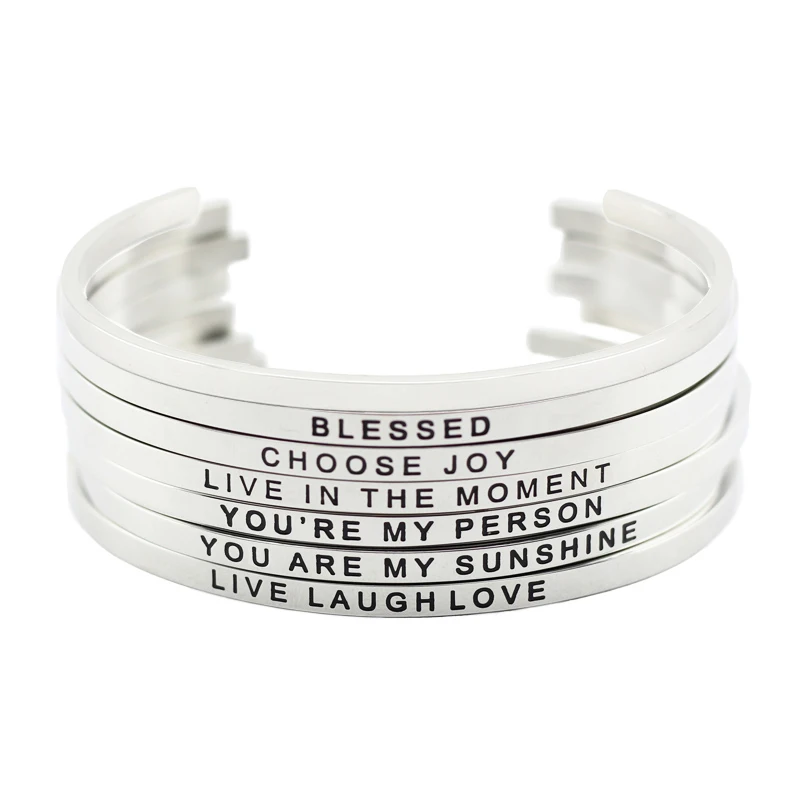 New arrival! 316L Stainless Steel Engraved Cuff Bracelets Inspirational Positive Quote Cuff Mantra Bracelet Bangle for women
New arrival! 316L Stainless Steel Engraved Cuff Bracelets Inspirational Positive Quote Cuff Mantra Bracelet Bangle for women