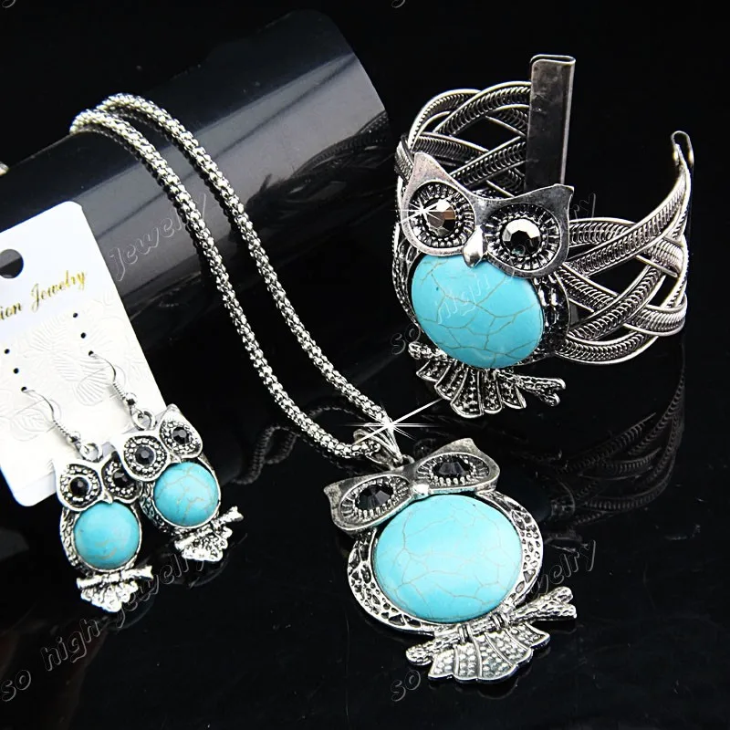 2 Sets Antique Silver P Natural Turquoise Rhinestones Owl Necklaces Earrings Bracelets Bangles Womens Vintage Jewelry Sets A-858
2 Sets Antique Silver P Natural Turquoise Rhinestones Owl Necklaces Earrings Bracelets Bangles Womens Vintage Jewelry Sets A-858