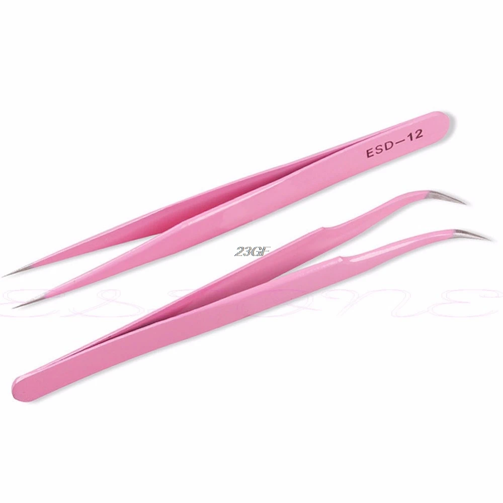

2PCS Pink Straight & Curved Tweezer For Eyelash Extensions Nail Art Nippers