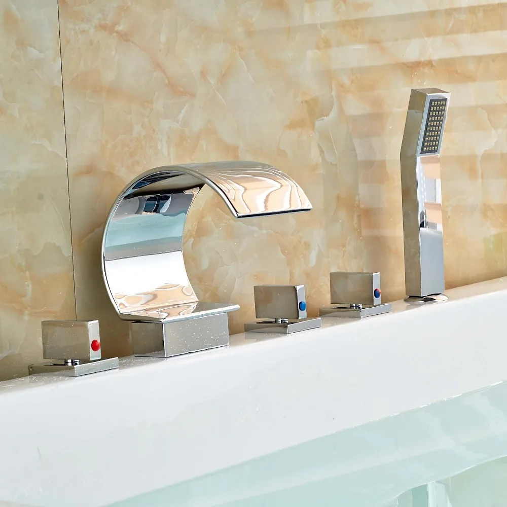 5PCS Widespread Waterfall Bathroom Bathtub Faucet Roman Tub Sink Mixer Taps