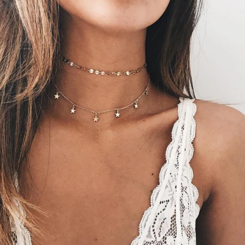 Sequins Star Choker Necklace For Women Gold Silver Chocker Necklaces Coin Chokers Double Layer collar collier femme Jewelry
Sequins Star Choker Necklace For Women Gold Silver Chocker Necklaces Coin Chokers Double Layer collar collier femme Jewelry