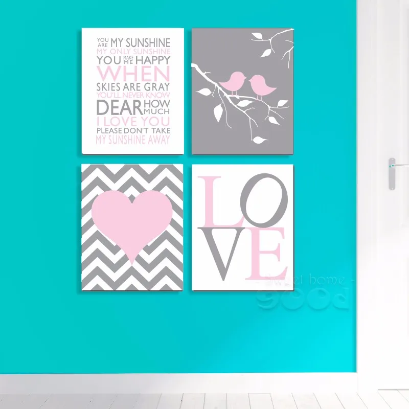 Image Cartoon Chevron Print Canvas Art Print, Sunshine Quote Wall Pictures For Nusery Room Decoration, set of 4