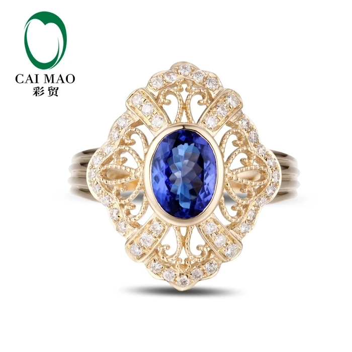 

CaiMao 14KT/585 Yellow Gold 1.35 ct Natural IF Blue Tanzanite AAA 0.4 ct Full Cut Diamond Engagement Gemstone Ring Jewelry