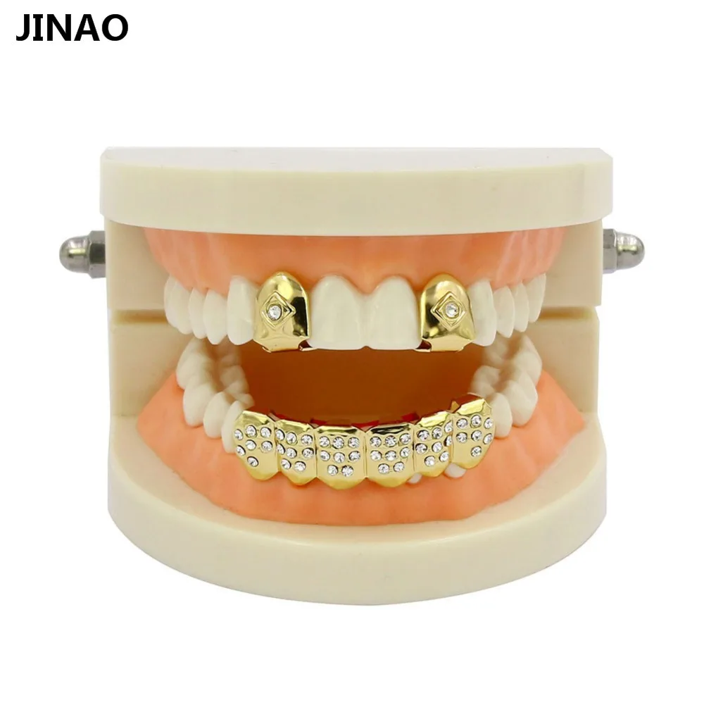 JINAO Men&Women Hip Hop Gold Color Plated Custom Mouth Grillz Set CZ Rhinestone 2pcs Single Top & 6 teeth Bottom set gold grills
JINAO Men&Women Hip Hop Gold Color Plated Custom Mouth Grillz Set CZ Rhinestone 2pcs Single Top & 6 teeth Bottom set gold grills