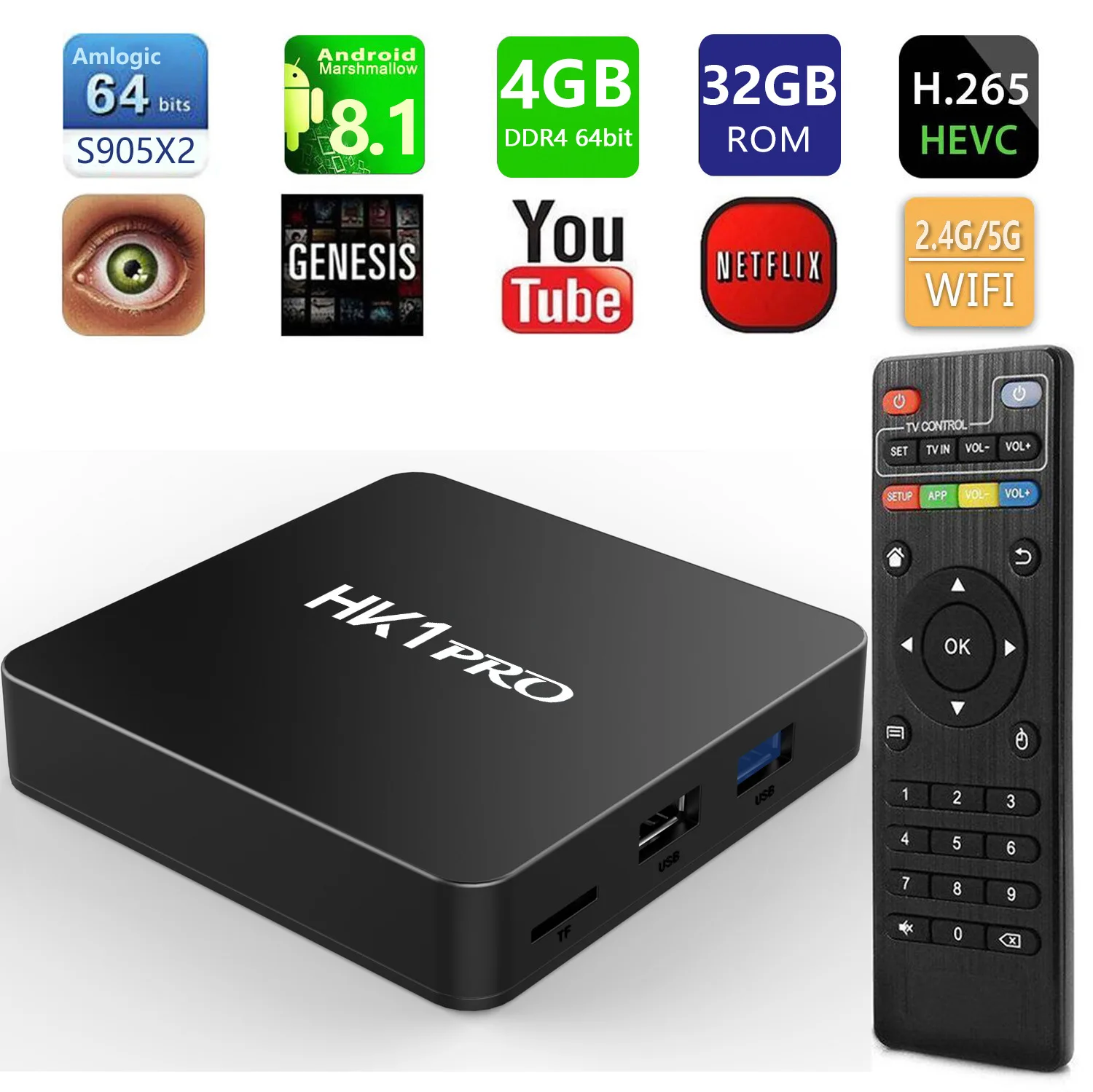 TV BOX Android 8.1 Amlogic S905X2 4GB 64GB 2.4G 5G Wifi Google Play Store Set Top box Gyro remote control
TV BOX Android 8.1 Amlogic S905X2 4GB 64GB 2.4G 5G Wifi Google Play Store Set Top box Gyro remote control