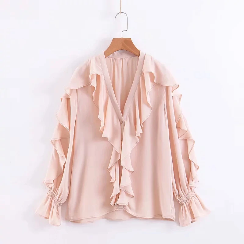 Pink Chiffon Blouse Women Shirt Spring Full Flare Sleeve Casual Retro Female Solid Ruffle V-Neck Shirts Ladies Tops Shirt
Pink Chiffon Blouse Women Shirt Spring Full Flare Sleeve Casual Retro Female Solid Ruffle V-Neck Shirts Ladies Tops Shirt