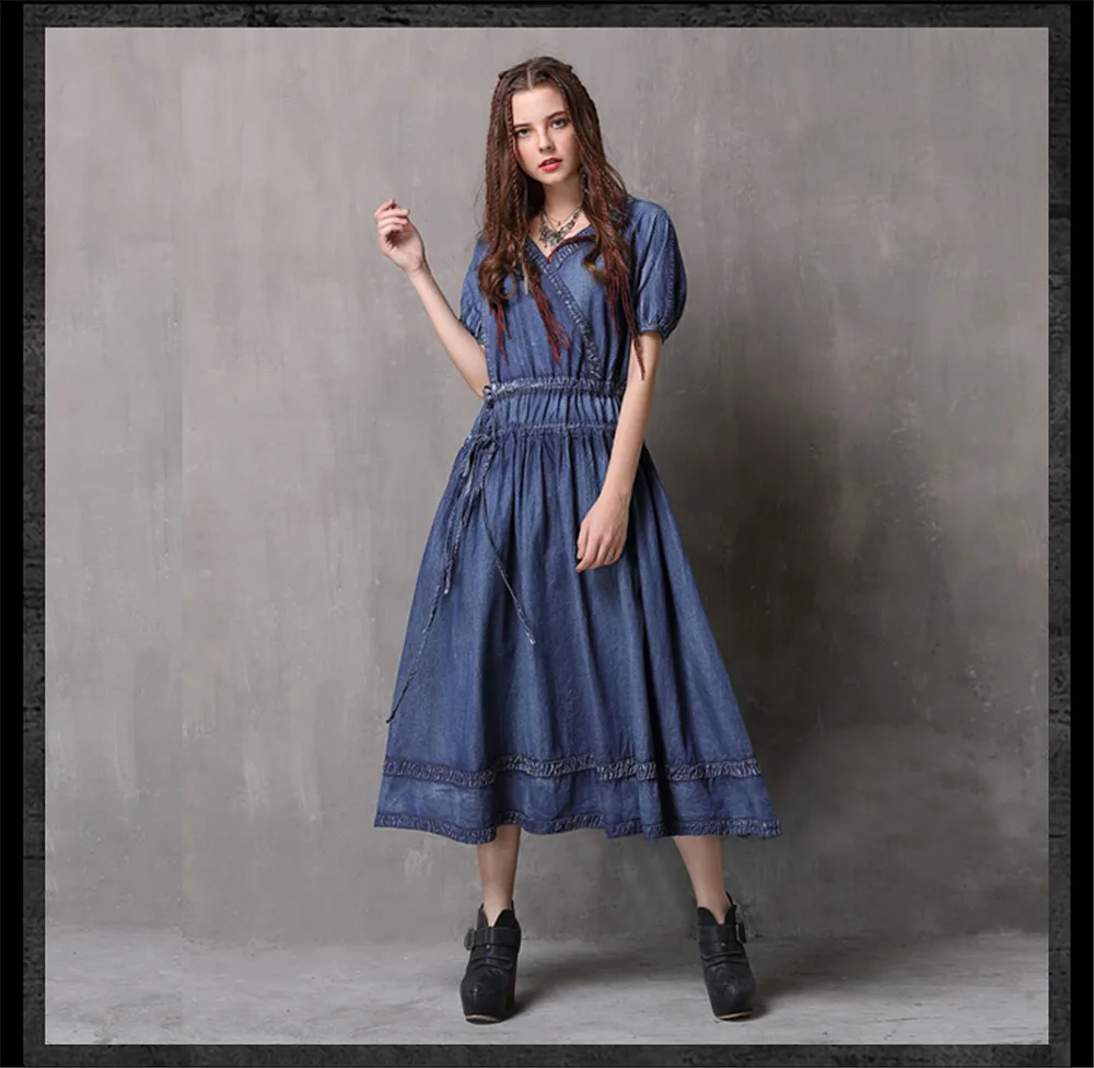 Vintage Adjustable Waist Summer Dress 2018 New Denim Women V-Neck Dresses Hollow out Lantern Sleeve Swing Hem Vestidos (7)