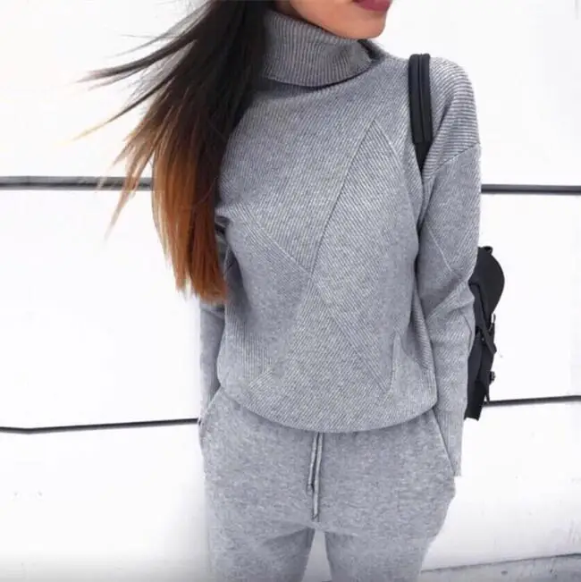 Autumn winter Knitted tracksuit Turtleneck sweatshirts Casual Suit Women clothing 2 Piece set Knit pant Sporting suit Female 
Autumn winter Knitted tracksuit Turtleneck sweatshirts Casual Suit Women clothing 2 Piece set Knit pant Sporting suit Female