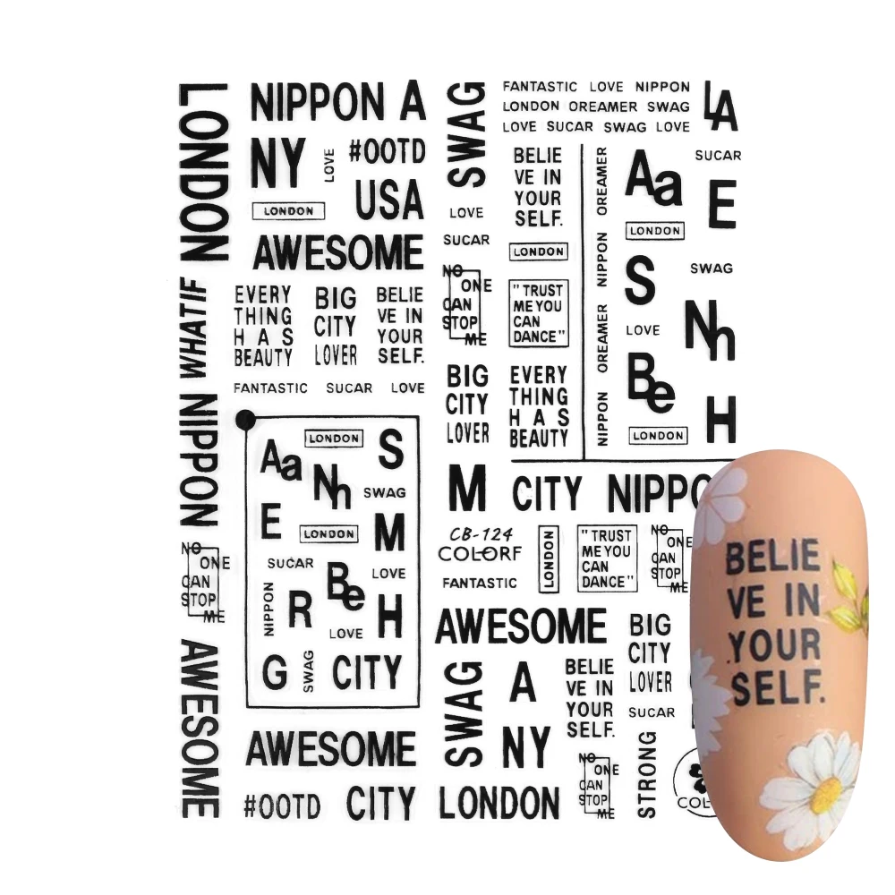 1Pcs English Letter Nail Art Sticker 3d Adhesive Decals Nail Art Sticker Letters Black White Silver Label DIY Nail Decoration
1Pcs English Letter Nail Art Sticker 3d Adhesive Decals Nail Art Sticker Letters Black White Silver Label DIY Nail Decoration