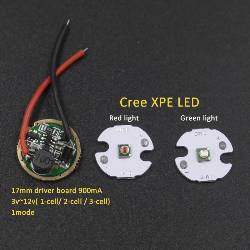 

16mm Cree XPE Green Red light LED Chip + 17mm 1-mode 3v~12v Input 900mA Circuit Board for Cree 3w 5w Q5 XPE XP-G2 LED Flashlight