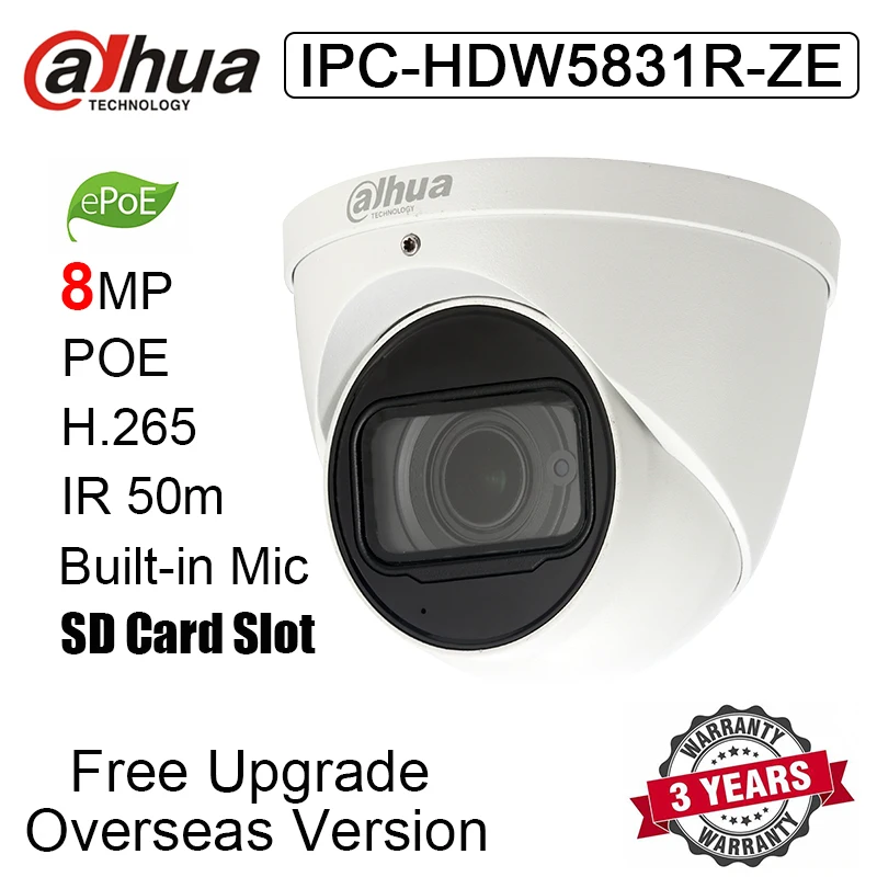Original Dahua IPC-HDW5831R-ZE 8MP POE H.265 IP67 IR 50m Dome IP Camera IPC-HDW5831R-ZE Network Camera with logo
Original Dahua IPC-HDW5831R-ZE 8MP POE H.265 IP67 IR 50m Dome IP Camera IPC-HDW5831R-ZE Network Camera with logo