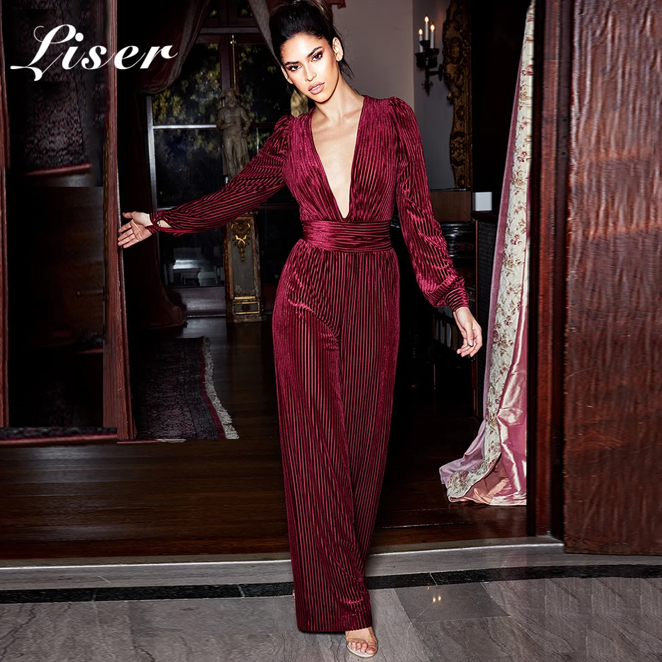 

Liser 2019 New Summer Women Jumpsuits V Neck Striped Jumpuits Sexy Bodycon Elegant Celebrity Party Wine Red Jumpsuit Vestidos