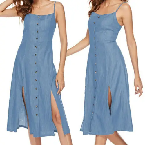 Stylish Women‘s Denim Jeans Sling Sleeveless Backless Slash-neck Button Slit Midi-Dress Ladies Summer Casual Daily Dress S-XXL
Stylish Women‘s Denim Jeans Sling Sleeveless Backless Slash-neck Button Slit Midi-Dress Ladies Summer Casual Daily Dress S-XXL