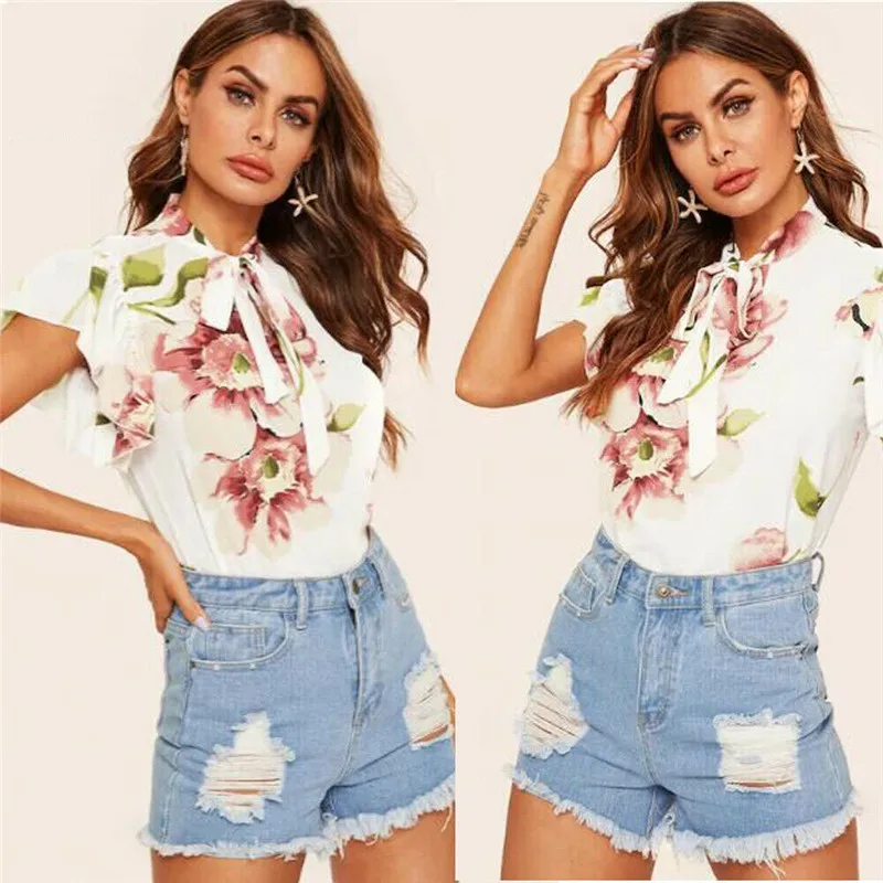Floral Womens Tops and Blouses Elegant Ruffles Short Sleeve Tee Chiffon Blouse Ladies Bowknot dames Flower Streetwear
Floral Womens Tops and Blouses Elegant Ruffles Short Sleeve Tee Chiffon Blouse Ladies Bowknot dames Flower Streetwear