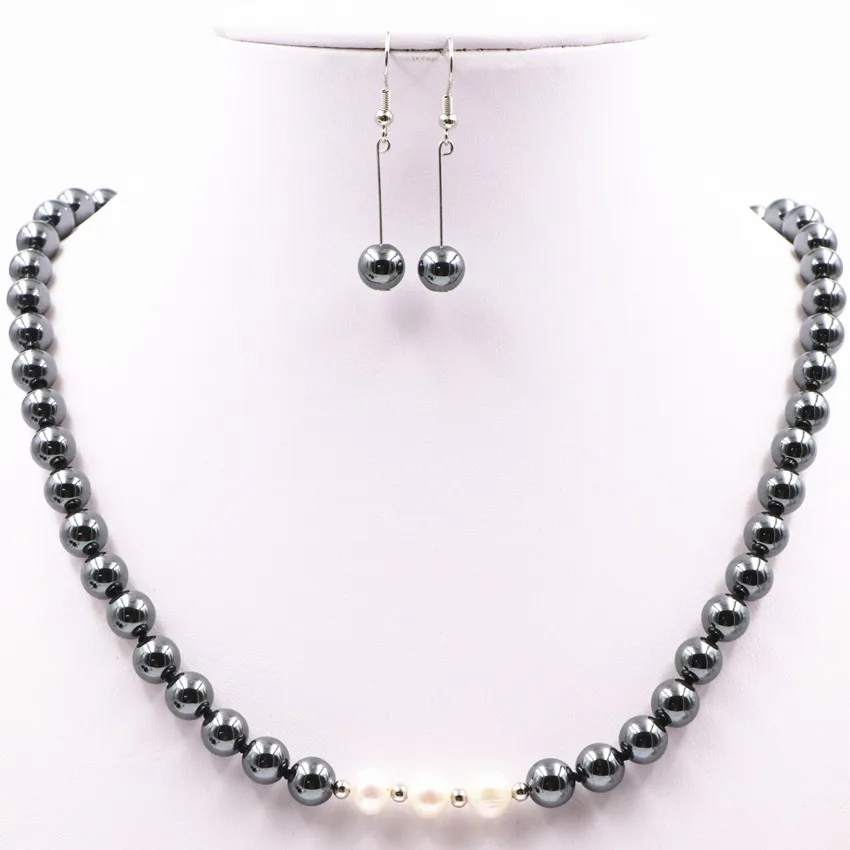 Fashion Natural Hematite Pearl Beads Necklace Earrings for Women Statement 8mm Round Stone Chain Dangle Jewelry Set 18inch A505
Fashion Natural Hematite Pearl Beads Necklace Earrings for Women Statement 8mm Round Stone Chain Dangle Jewelry Set 18inch A505