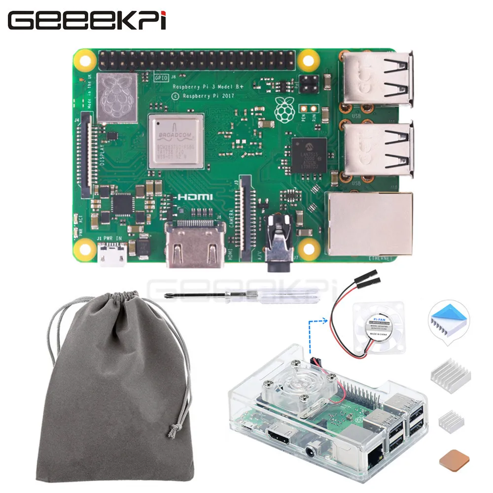 

GeeekPi Free Gift! Clear ABS Case Hestsink Fan Bag! Original Raspberry Pi 3 B Plus RPI 3b Plus 1GB RAM 1.4GHz 64bit CPU WiFi