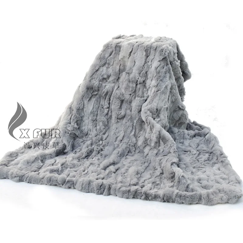 

CX-D-66A 120*170 130*150 Chengxing Fur Dyed Grey Blanket Fashionable Europe Real Rex Rabbit Throw Blanket Rug