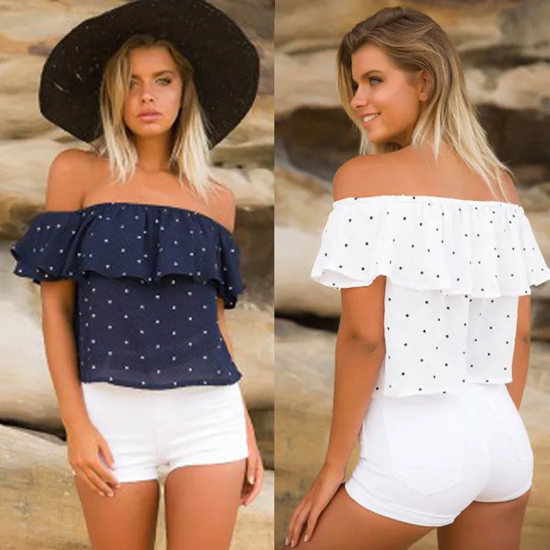 New Sexy Women Strapless Summer T-shirt Sleeveless Dot Prinitng Ruffles Neck Tops Wear Casual Loose Chiffon Tops T-Shirt
New Sexy Women Strapless Summer T-shirt Sleeveless Dot Prinitng Ruffles Neck Tops Wear Casual Loose Chiffon Tops T-Shirt