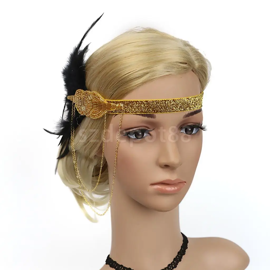 Vintage Feather Tassel Chain Plastic Beads Flapper Fascinator Headband 1920s Charleston Headpiece Women Ascot Race Headwear