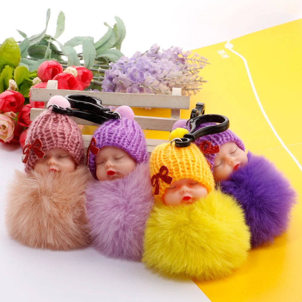 

Sleeping Baby Doll Keychain Flower Pompom Rabbit Fur Ball Key Chain Fluffy Car Keyring porte clef Bag Key Ring