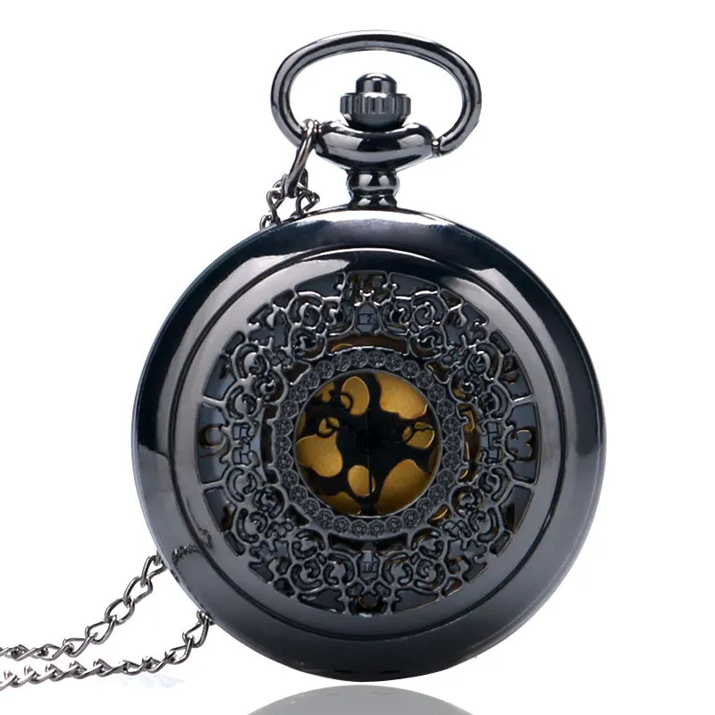 Black Vintage Quartz Fob Pocket Watch Half Hunter Steampunk Antique Men Women Retro Clock Gifts with Necklace Chain | Наручные часы
