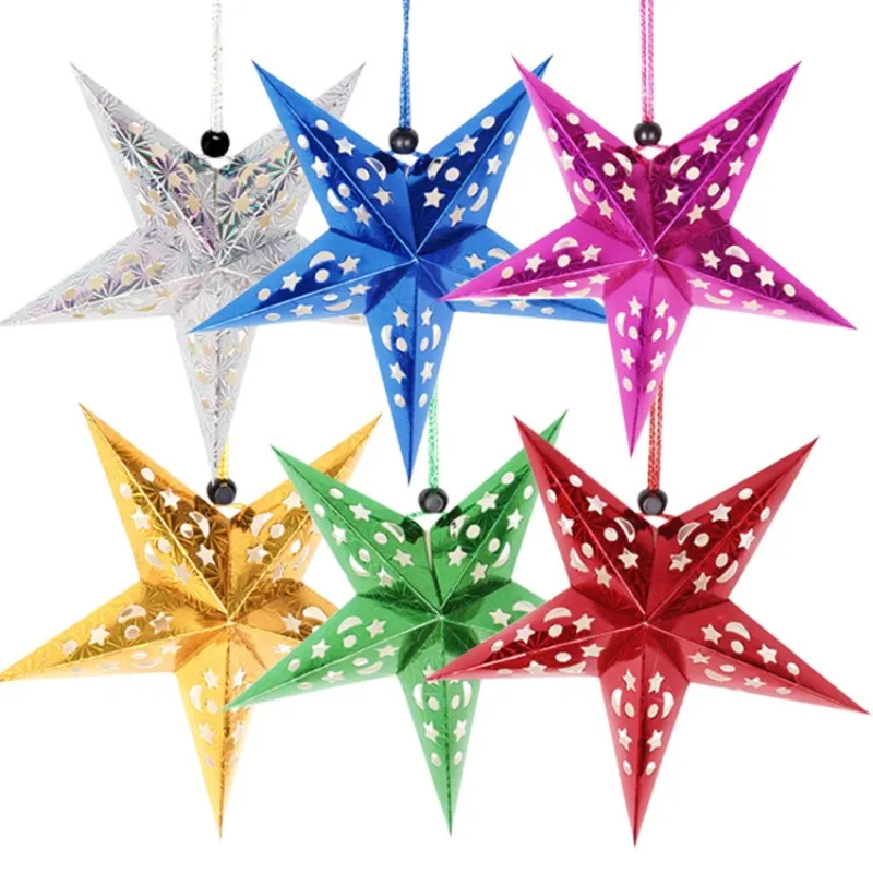 Laser Colorful Christmas Stars Hanging Pendant Diy Paper Pentagram