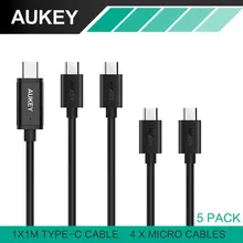 AUKEY (5-Pack) Fast Charger Mobile Phone Micro USB Cable,0.3/1m USB 2.0 Cable+Type-C cable for Android Cellphones/Type-C Devices