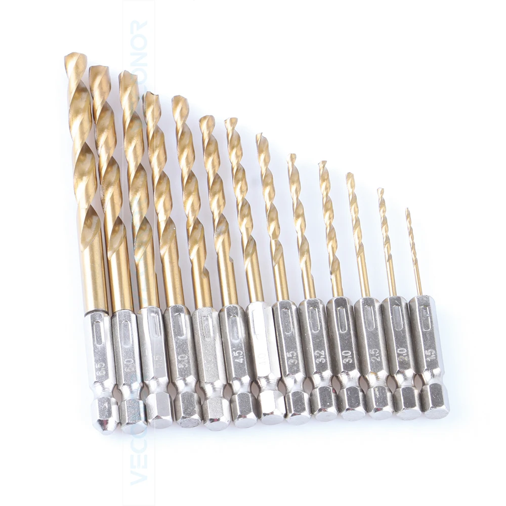 VECONOR 13Pcs Set 1/4" Hex Shank Twist Drill Bits Kit Saw HSS High Steel Titanium Coated Drill Woodworking Tools 1.5mm To 6.5mm
VECONOR 13Pcs Set 1/4" Hex Shank Twist Drill Bits Kit Saw HSS High Steel Titanium Coated Drill Woodworking Tools 1.5mm To 6.5mm
