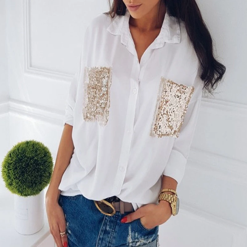 NEW Fashion Sequins Shirts Womens V-neck Sequin Pocket Long Sleeve Shirt Casual Blouse Loose Chiffon Summer Shirts Clothes
NEW Fashion Sequins Shirts Womens V-neck Sequin Pocket Long Sleeve Shirt Casual Blouse Loose Chiffon Summer Shirts Clothes