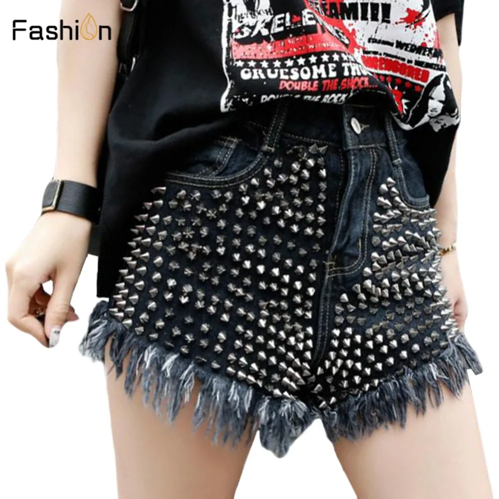 

2019 Women Summer Denim Shorts Vintage High Waist Short Cuffed Jeans Girls Rivet Jeans Street Wear Ladies Sexy Booty Shorts