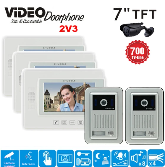 ZHUDELE 700TVLine IR Camera 7 inch TFT Color LCD Display Video Door Phone Intercom Doorbell Night Vision (2camera+3monitors) |