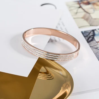 

YUN RUO 2019 Fashion Three Rows Crystal Bangle Rose Gold Color Titanium Steel Jewelry Woman Birthday Gift Never Fade Drop Ship