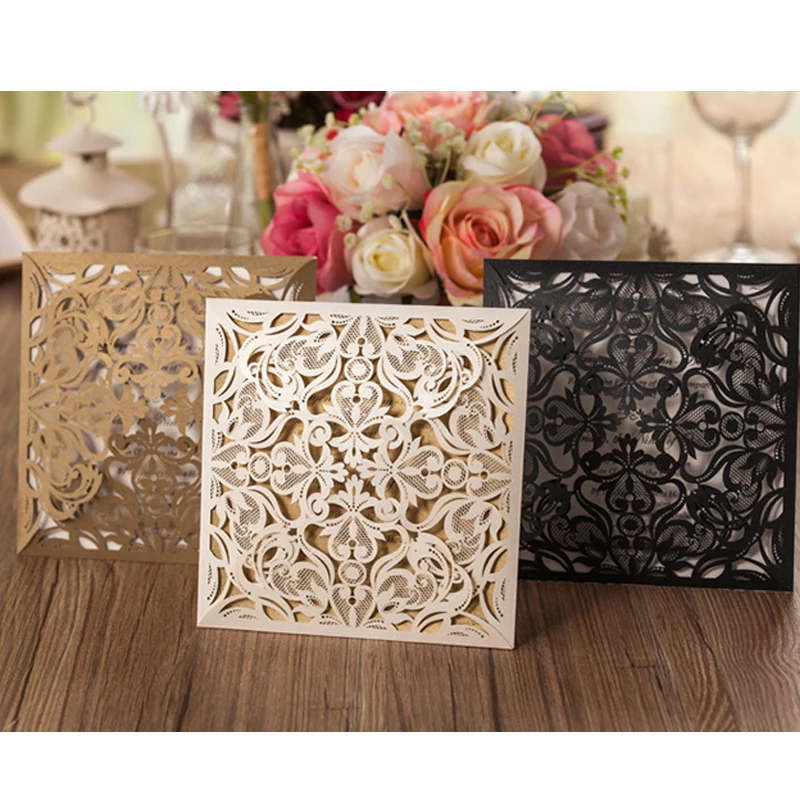 Image New pattern 1pcs Sample Gold White Black Laser Cut Rose FloraWedding Invitation Invitation Personalized Wedding Invitations