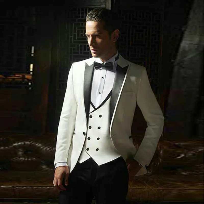 

Slim Fit Costume Homme Latest Black Peak Design Ivory Men Suits for Wedding Groom Tuxedos 3Piece Custom Made Terno Masculino