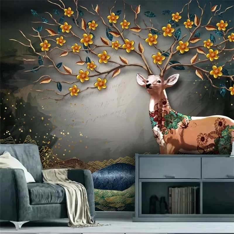 

beibehang Hand-painted 3D three-dimensional elk rich tree Nordic simple embossed custom large mural green wallpaper