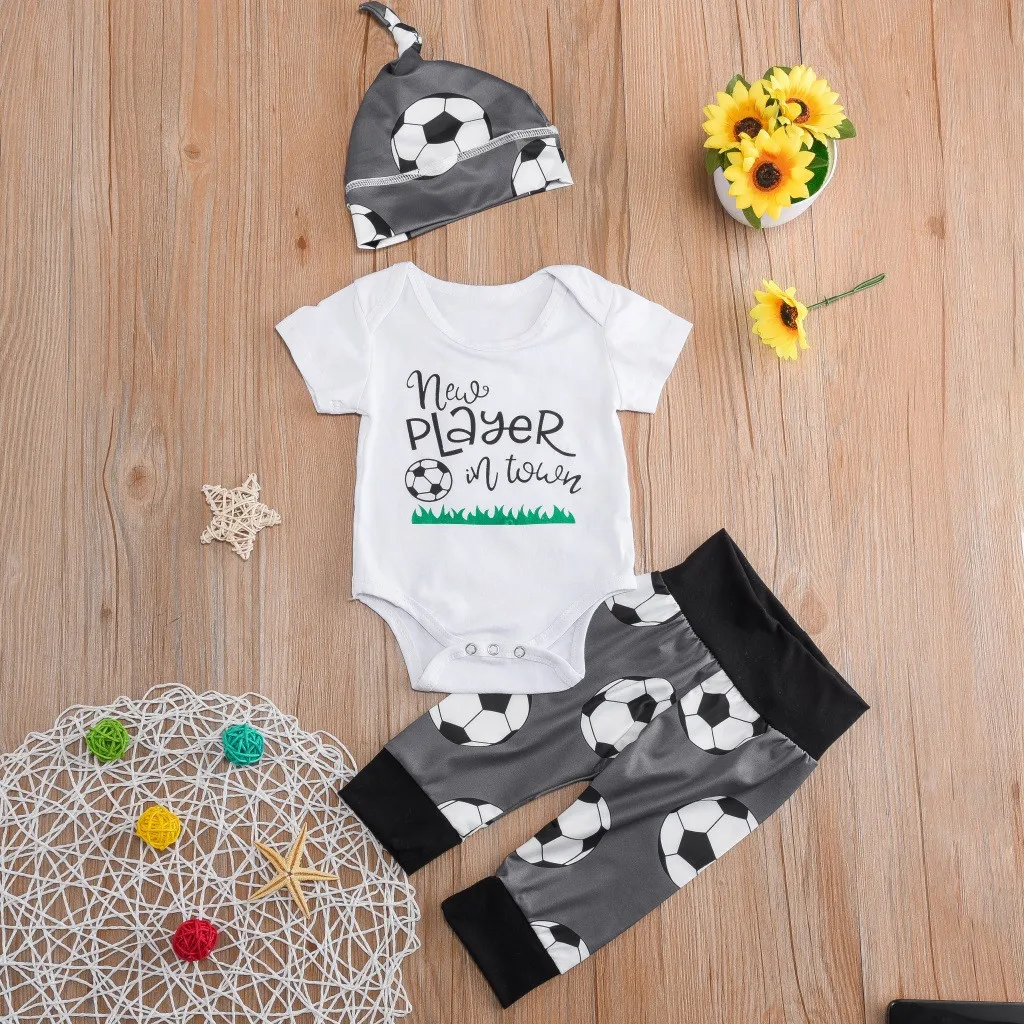 Children's Sets Boys Summer O-Neck Cotton Blended Newborn Kid Baby Girls Boys Football Print Letter Romper +Pants Hat Outfits B
Children's Sets Boys Summer O-Neck Cotton Blended Newborn Kid Baby Girls Boys Football Print Letter Romper +Pants Hat Outfits B