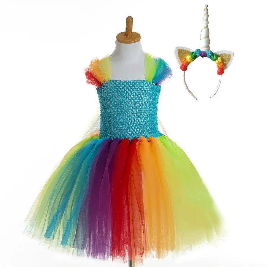 

Halloween Unicorn Dress Girls Rainbow Design Tutu Dresses Kid Children Stage Performance Festival Birthday Princess Dress Gifts