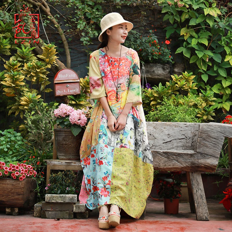 LZJN Women Bohemian Elegant Dress 2019 Summer Casual Loose Half Sleeve Floral Print Patchwork Cotton Linen Maxi Dress Vestidos
LZJN Women Bohemian Elegant Dress 2019 Summer Casual Loose Half Sleeve Floral Print Patchwork Cotton Linen Maxi Dress Vestidos