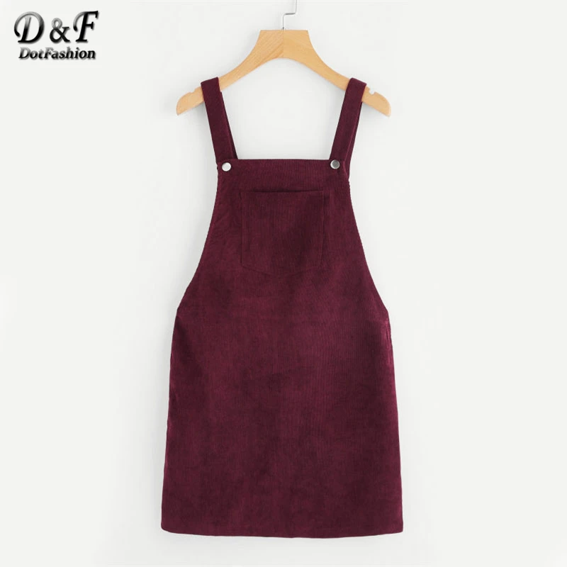 

Dotfashion Bib Pocket Front Overall Dress 2019 Burgundy Square Neck Pinafore Cute Shift Dress Sleeveless Short Dress